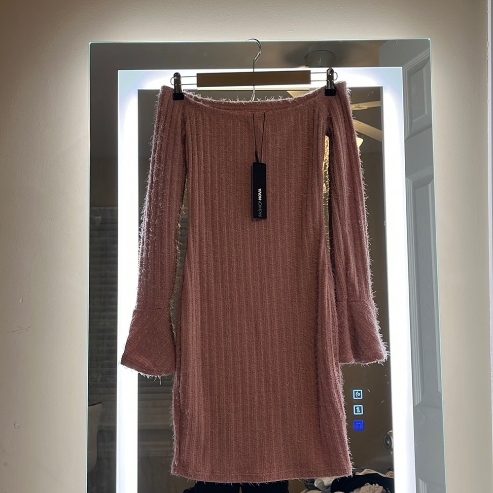 Pink off the shoulder sweater mini dress